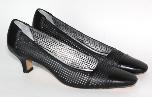 Rangoni Black Leather Firenze Italy Perforated Square Toe Pumps, Size 7B - Picture 6 of 7