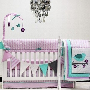 Purple Pink Birds 10 pcs Crib Bedding Set Baby Girl Nursery Quilt Mobile Tote