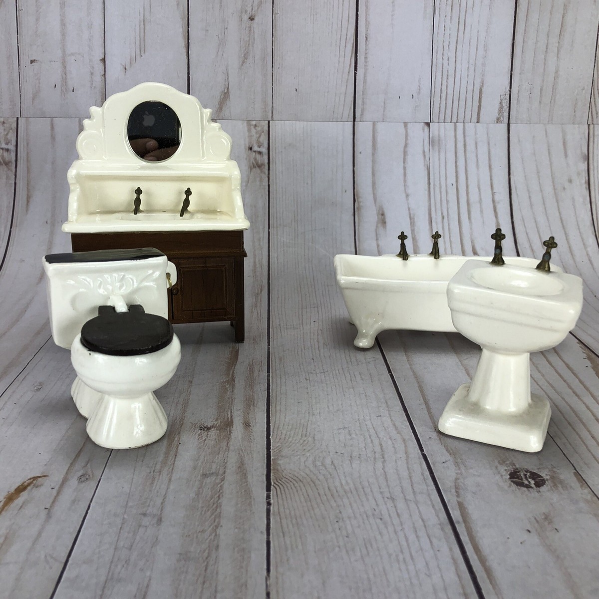 Wood Bathroom Furniture Set Dollhouse White Porcelain Lot of Vintage 1/12