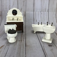 Wood Bathroom Furniture Set Dollhouse White Porcelain Lot of 4 Vintage 1/12
