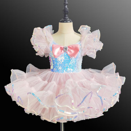 Kids Sequined Ballet Tutu Dress Toddler Sequin Bubble Sleeve Performance Dress