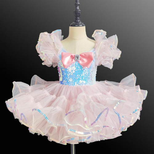 Kids Sequined Ballet Tutu Dress Toddler Sequin Bubble Sleeve Performance Dress - Afbeelding 1 van 11