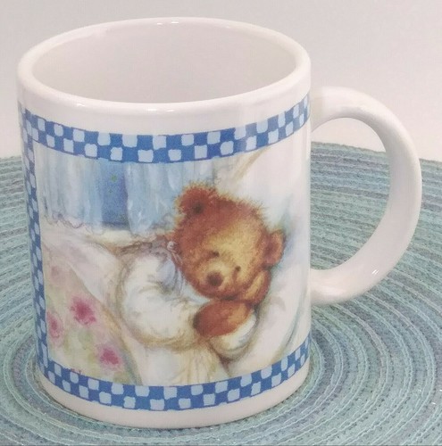 Hallmark Coffee Mug Vintage Tea Cup 12 fl oz Cub Bear Sleeping in Bed Blue White - Picture 1 of 5