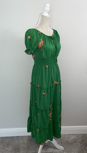 Anthropologie Kindred Floral Tiered Off Shoulder Green Maxi Dress Peasant L Neu - Bild 4 von 14
