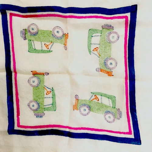 1960s Hand Printed Karavan Silk Scarf Kerchief  Sheer Auto Car Motif India - Picture 2 of 7