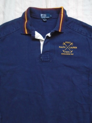 Vintage 90s Polo Ralph Lauren Large Rugby Shirt Navy Elbow Shoulder Patches - Picture 3 of 10