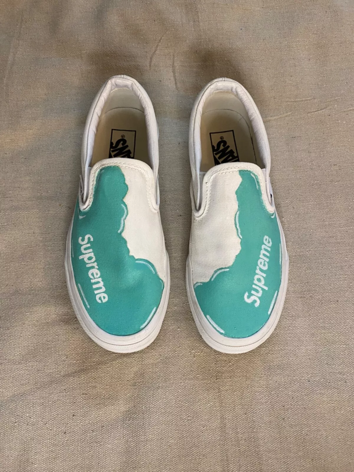 VANS Supreme Slip on Sneaker Shoes White Teal Agua Mens 5.5 Women 7