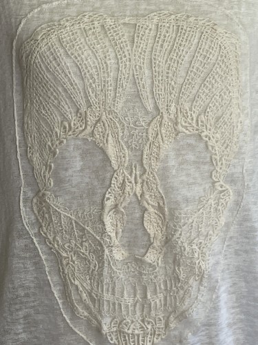 M Fasis Skull Top Womens XL Crochet White Semi Sheer Short Sleeve Rock Biker - Picture 2 of 12