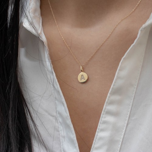 14K Yellow Gold Initial Round Cubic Zirconia Disc Letter Pendant 0.20ct