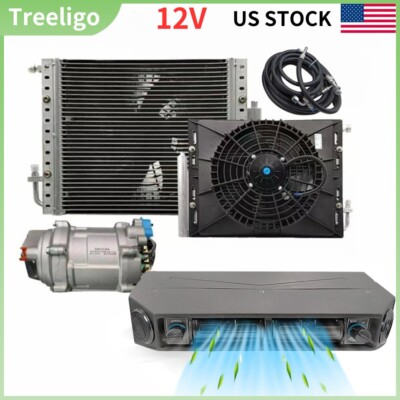Treeligo 12V Universal Air Conditioner Underdash DC Auto Car AC Compressor Set