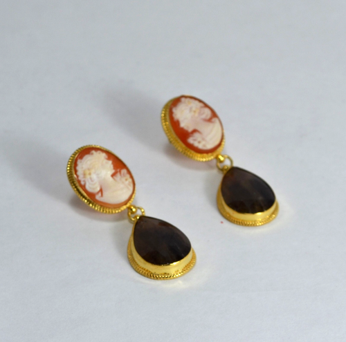 ORECCHINI ARGENTO 925 DORATO CAMMEI CORNEOLA CORIDONI GOCCIA AGHT 033 - Foto 2 di 3