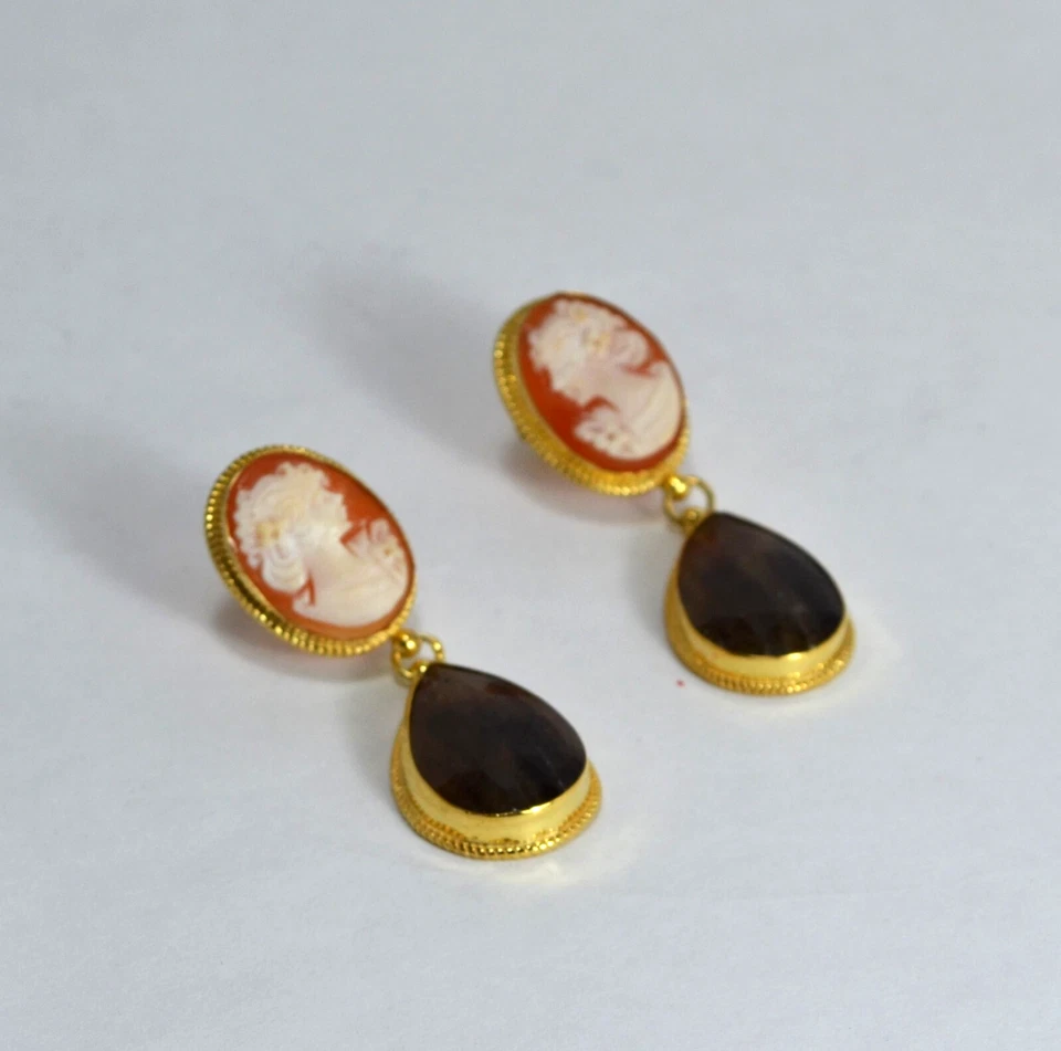 ORECCHINI ARGENTO 925 DORATO   CAMMEI CORNEOLA CORIDONI GOCCIA         AGHT 033 - Immagine 2 di 3