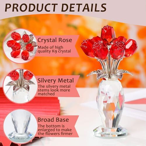 Red Rose Crystal Flower Glass Roses Bouquet Home Decor Gifts for Women  - Picture 6 of 8