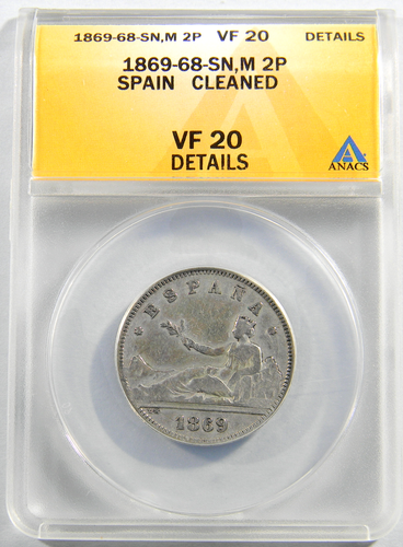 Spain 1869-68 SN M 2 Pesetas Anacs VF 20 Cleaned KEY DATE (26-7) - Picture 3 of 4