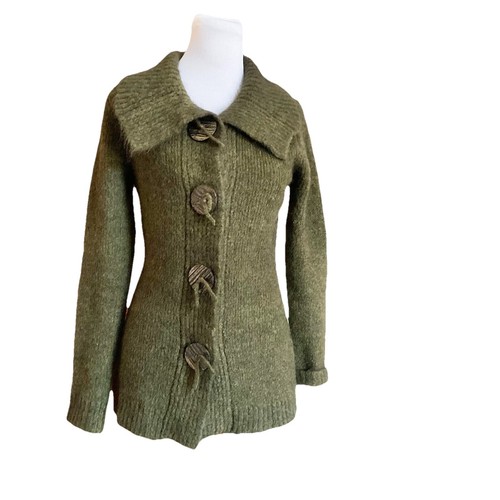 Anna Moda PIU Sweater Cardigan Mohair Wool Blend Ribbed Knit Big Buttons Size SM - Picture 1 of 8