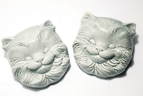 2 Vintage Katzengesicht Wand Tasche Wand Vase Grau Katzengesichter 2er SET