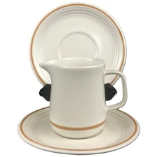 The Cellar Creamer and 2 Saucer Plates VTG R.H. Macy Stoneware Japan FW-1240