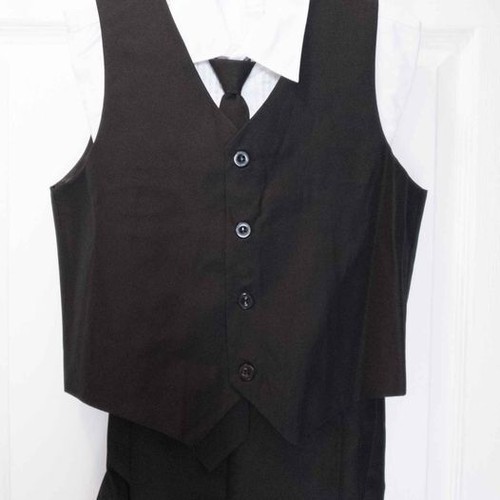 NEW BOY (Sz 8/10/12/14/16) FORMAL 5 PCS SUIT SET BLACK w/long tie+vest - Picture 5 of 6