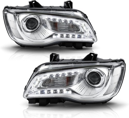 LED DRL + Projector Headlights for 2011-2023 Chrysler 300 Pair USA Chrome Clear - Picture 2 of 14