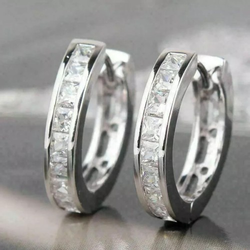 14K White Gold Plated 1.40Ct Princess Lab-Created Diamond Hoop Wedding Earrings - Picture 5 of 5