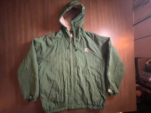 Vintage 90s Starter LOGO Jacket Hooded Green Gray Size Large Quilted Interior