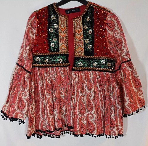 Chaqueta Boho Paisley ZARA Roja Bordada Terciopelo Lentejuelas Cuentas M 7521/044/605 ASO - Imagen 6 de 12