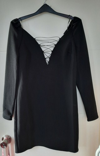 Womens Black Long sleeve Short Juniors V-Neck Mini Ladies Dress Size 4 6 8-10-12 - Picture 4 of 12