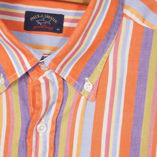 Paul & Shark - Medium - Linen Blend Button Down Short Sleeve Shirt Striped Jazzy - Picture 3 of 23