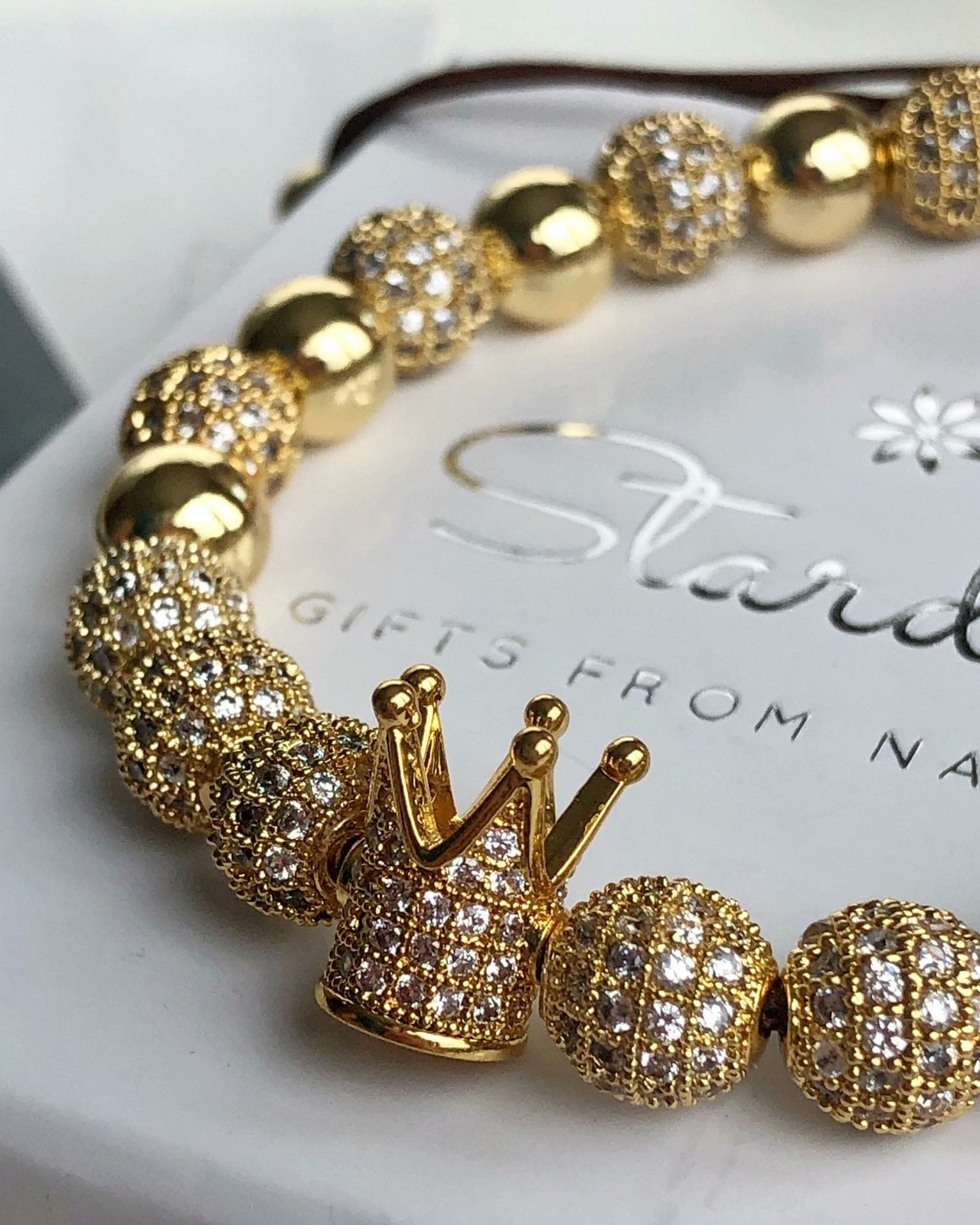 Luxury Women Men 18K Gold Filled Zircon Diamond Gold Crown Ball Beaded Bracelet