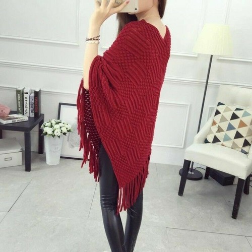 Lady Poncho Wrap Cape Shawl Knitted Faux Fur Pom Pom Batwing Sweater Top Tassel - Picture 9 of 17