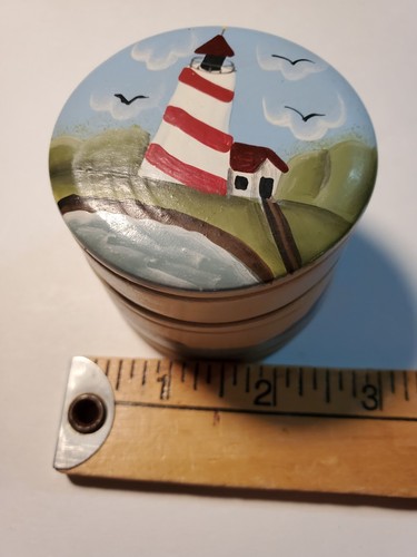 Lighthouse Trinket Box Handpainted Whale Seagulls Wooden Round Shape Multicolor - Picture 6 of 8