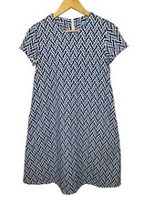 J. McLaughlin Geometric Print Blue Shift Dress Cap Sleeves Pockets Size XS