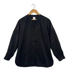 Cabi Top Womens Large Black Button Up V Neck Roll Tab Sleeve Minimalist Classic