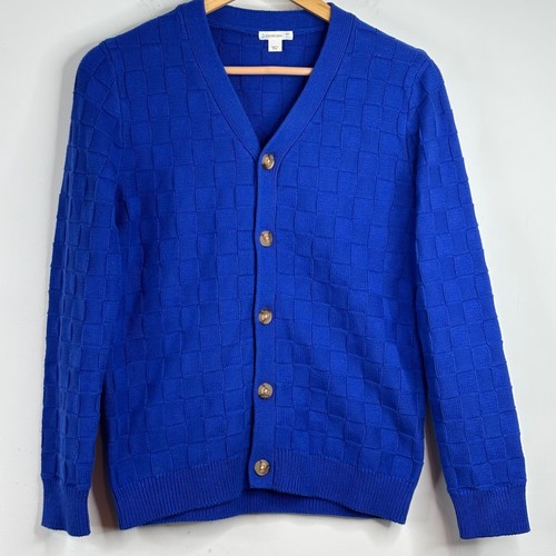 J Crew Crewcuts Checkerboard Stitch Cardigan Boys XL 12-14 Blue Cotton Uniform - Picture 2 of 10