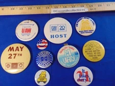 Vintage Lot 10 Pin Back Buttons GM Chevrolet Auto Plant Worker UAW Union Sales