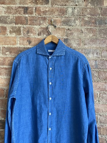 Michael Bastian Men’s Shirt, Sz 15.75/40 Medium Linen/Cotton Blue Italy - Picture 5 of 12