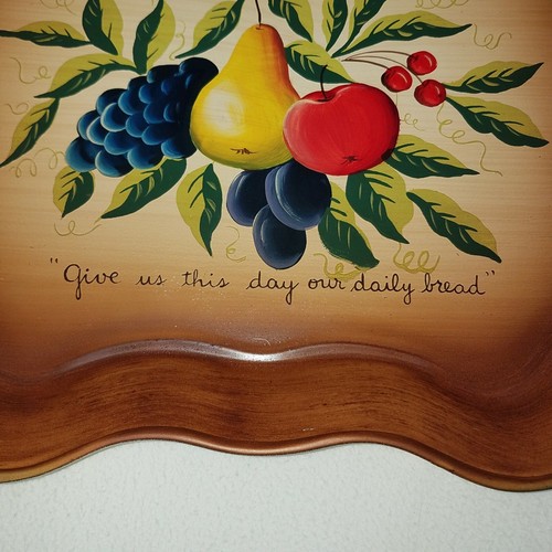 Hand Painted Metal Tray Fruit/"Give Us This Day" Mid Century AMERICAN FOLK ART - Picture 2 of 5