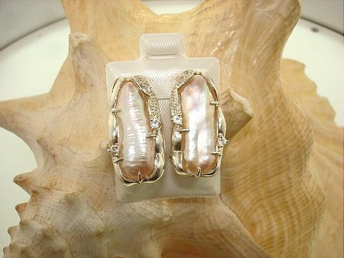 VARIETY 13MM HEAVY 925 SILVER CULTURED FRESHWATER BIWA PEARL CZ OMEGA EARRINGS - Picture 5 of 11