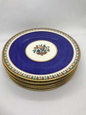 FAB! 20's Cauldon Tiffany & Co Blue Enamel & Gold Texture Design 6PC Plates 9'' D