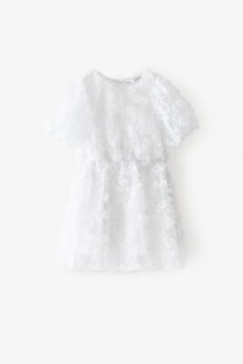 Zara Kids Girl Textured Weave Dress With Applique White 9006
