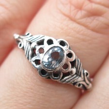 925 Sterling Silver Vintage Real Blue Topaz Flower Oxidized Ring Size 6.5