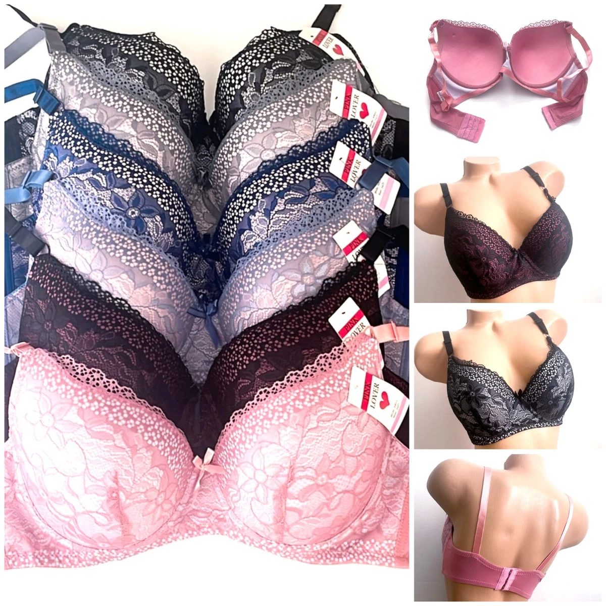 3/6 Pack Women's Underwire Bras Soft Lace Molded Cup Full Coverage