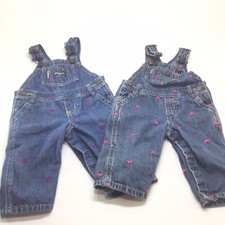 2 Osh Kosh B Gosh Bib Overalls Baby Girl 6 Mo Denim Pink Hearts Butterfly VTG
