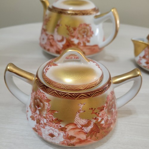 Vtg Kutani Red Peacock Peonies Porcelain 3pc Tea Set Gold Gilt Maroon Japan - Picture 7 of 15