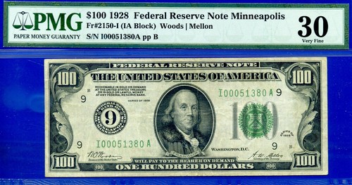 1928 $100 Federal Reserve Note PMG 30 rare keynote Minneapolis Fr 2150-I
