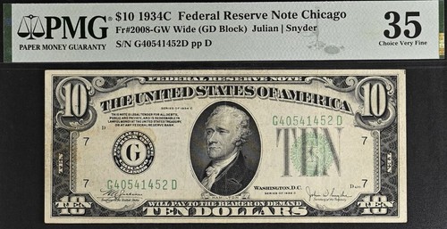 1934C $10 Federal Reserve Note - PMG 35 - Chicago - Fr 2008-G - Picture 2 of 3
