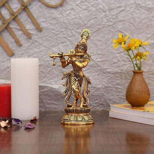 Lord Krishna Idol Statue Krishna Idols Gold Plated Flute Playing Krishan - Picture 1 of 5