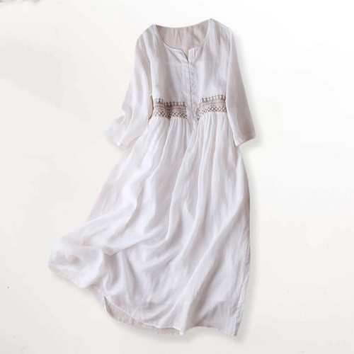 Spring Summer Women Dress Ethnic Style Embroidery Round Neck Long Sleeve Lady - Picture 14 of 15