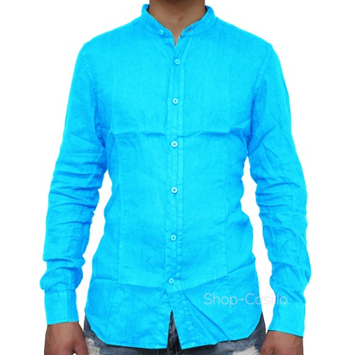 Camicia Lino Manica Lunga Collo Coreana A Pistagna Uomo Slim Fit S M L XL XXL - Foto 11 di 11