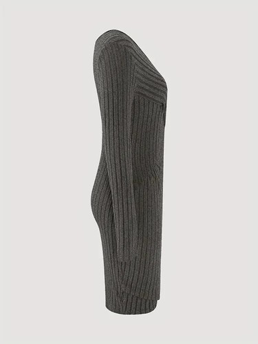 New Solid Deep Gray Ribbed V Neck Dress, Elegant Long Sleeve Bodycon Dress XL - Picture 4 of 6